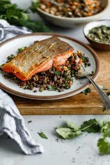 Pan Seared Salmon With Caper Herb Vinaigrette And French Lentil Salad