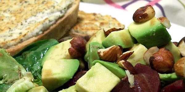 Avocado, Beet And Arugula Salad With Chevre Tartine