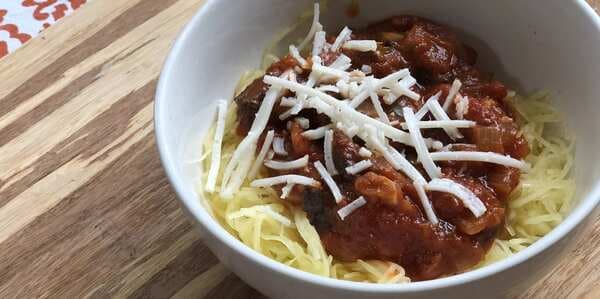 Easy Instant Pot® Vegan Low-Carb Spaghetti Squash With Mushroom Ragu