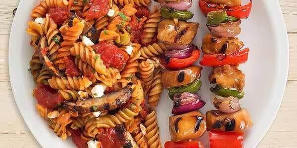 Grilled Mushroom And Goat Cheese Rotini With Honey Garlic Chicken Kabobs