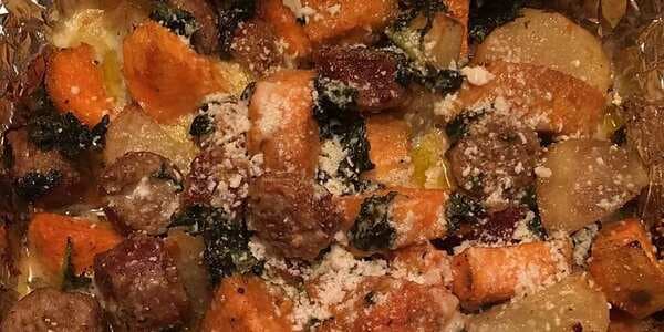 Sweet Potato, Kale And Sausage Bake With Cheese