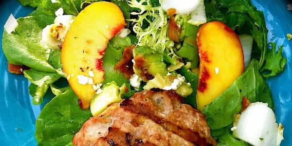 Peachy Turkey Burger Over Greens With Endive, Bacon, Avocado, And Gorgonzola