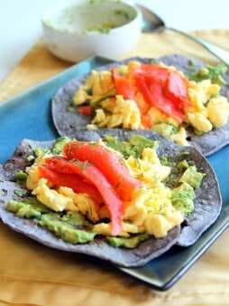 Blue Corn Breakfast Tacos With Scrambled Eggs, Smoked Salmon, Avocado & Dill