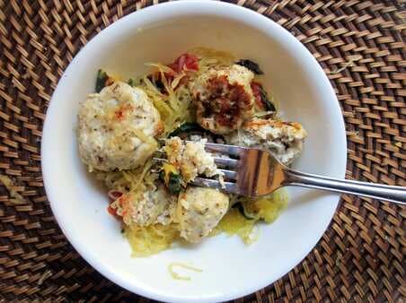 Goat Cheese Stuffed Chicken Meatballs With Spaghetti Squash & Basil Gremolata Salad