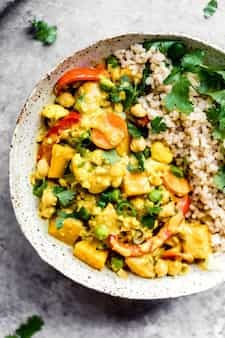 Nourishing Yellow Chickpea Pumpkin Curry With Coconut Brown Rice