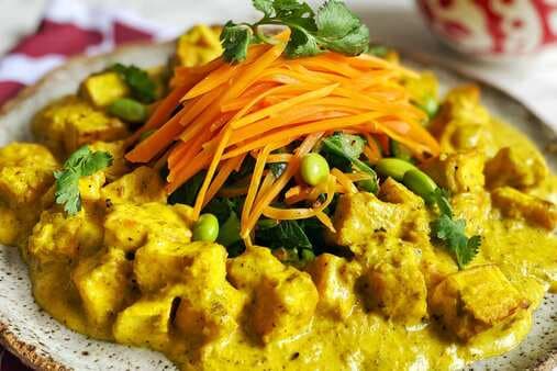 Yellow Tofu Curry With Carrot Noodles