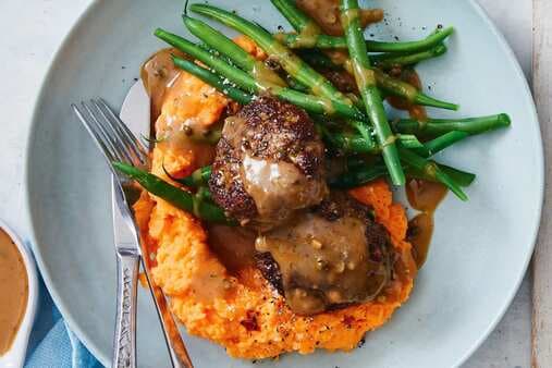 Beef And Pea Rissoles With Peppercorn Gravy