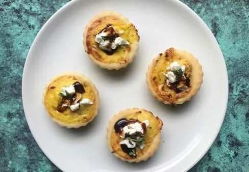 Spinach And Fetta Quiches With Goat's Cheese Thyme And Balsamic Glaze