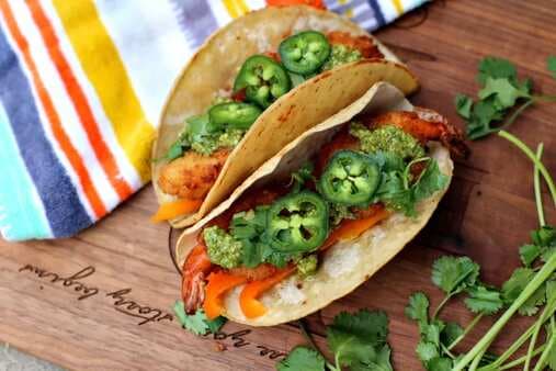 Crispy Shrimp Tacos With Cilantro Lime Pesto