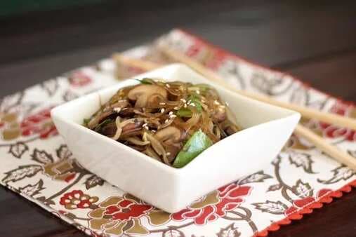 Glass Noodles With Mushrooms, Snow Peas And Sprouts