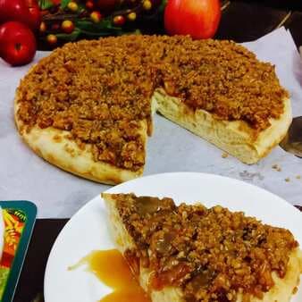 Apple cinnamon dessert pizza with oats streusel & salted caramel drizzle