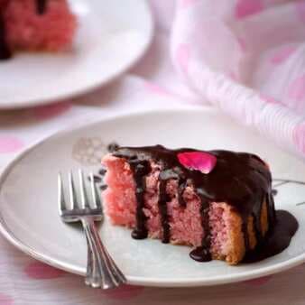 Eggless Strawberry Custard Cake With Chocolate Glaze