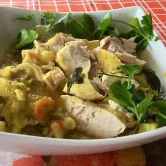 Healthy vegetable soup with chicken slices and egg noodle