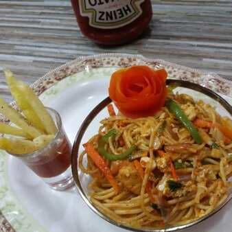 Indo-chinese noodles with crispy fries
