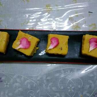Presenting the royal dessert:rose and coconut kalakand!