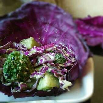 Purple cabbage broccoli and jalapeno pesto salad