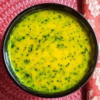 Roasted Moong Dal With Spinach Tadka (Roasted Lentil Spinach Soup)
