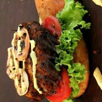 Spiced Coffee Rub Burger With Caramelized Onion And Mustard Mayonnaise