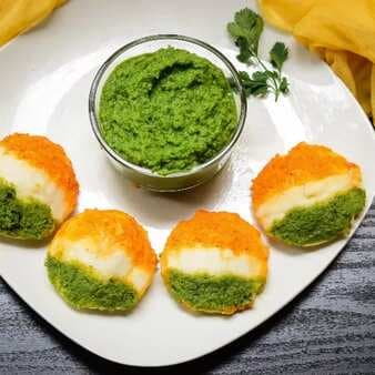 Tricolor soft rice idlis with green peas puree and bell pepper coulis (no food color used)