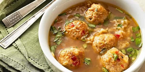 Gingered Chicken Meatball Soup With Brown Rice And Basil