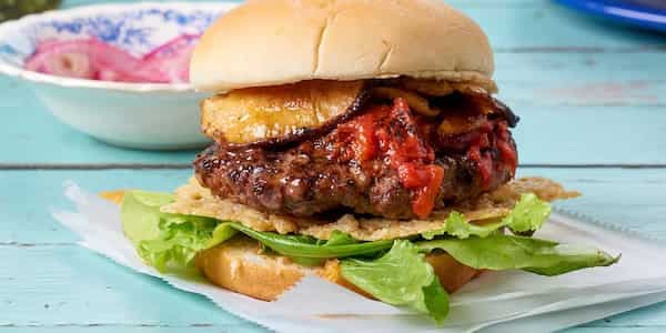 Mushroom-Topped Burgers With Slow-Roasted Tomato Ketchup