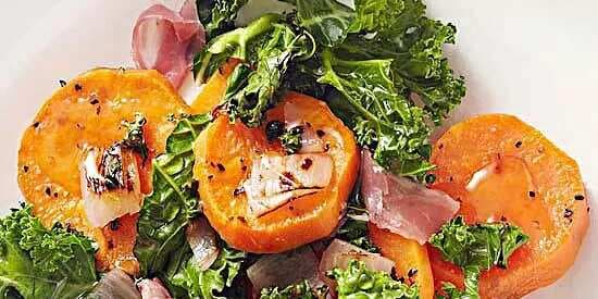 Sweet Potatoes With Honey, Prosciutto, And Kale