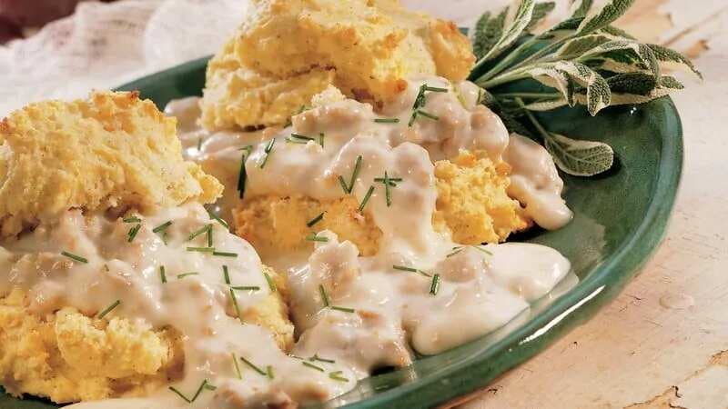 Cornmeal Sage Biscuits With Sausage Gravy
