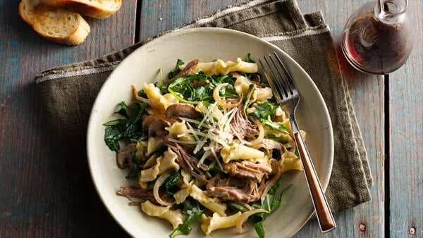 Creamy Pulled Pork Pasta With Caramelized Onions, Mushrooms And Arugula
