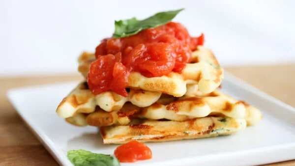 Loaded Bacon, Cheddar And Basil Waffles With Tomato Jam
