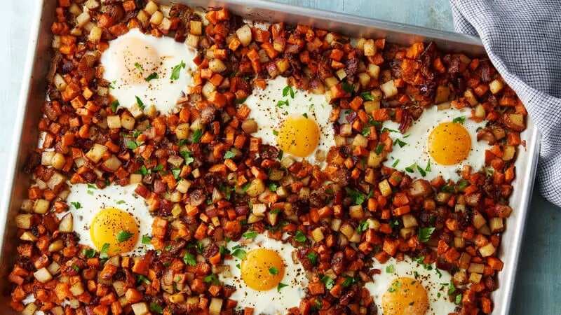 Sheet-Pan Bacon And Egg Hash