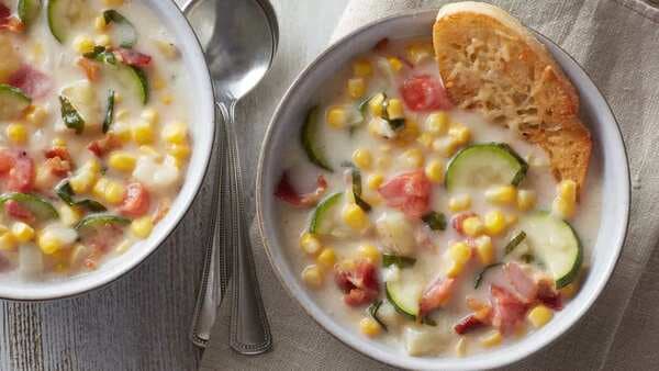 Summer Vegetable Chowder With Parmesan Croutons
