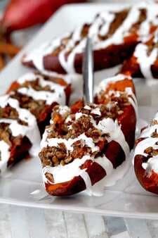 Twice Baked Sweet Potatoes with Bacon Pecan Streusel and Marshmallow Drizzle