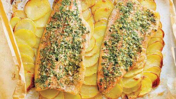 Baked Rainbow Trout Fillets with Potato Tiles