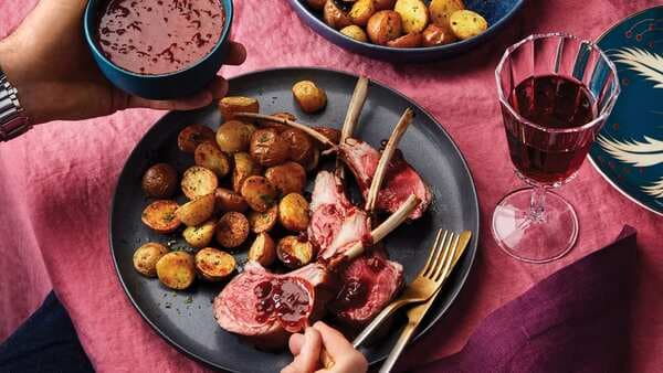 Glazed Rack of Lamb with Shallot Gravy and Baby Potatoes