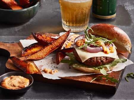 Smoky Harissa Burgers with Grilled Sweet Potatoes