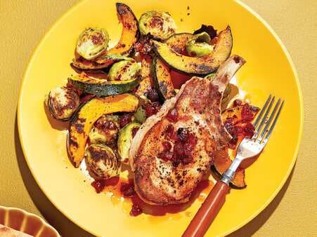 Sheet Pan Cherry Pork Chops with Roasted Squash and Brussels Sprout