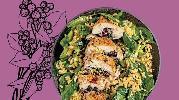 Saskatoon Berry and Brie Stuffed Chicken Breast Over Orzo Spinach Salad