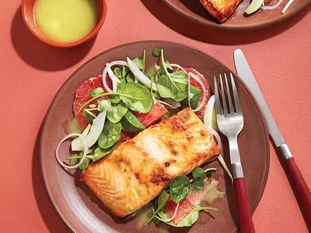 Sweet and Spicy Glazed Salmon with Fennel and Grapefruit Salad