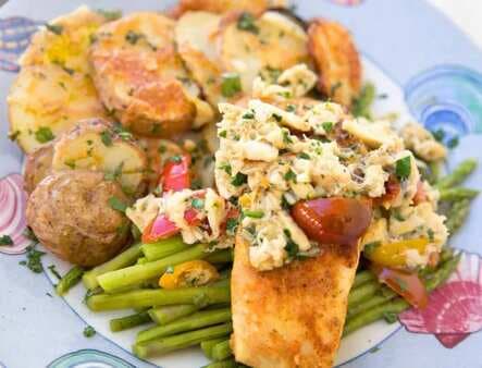 Pan Seared Halibut With A Garlic Crab Topping