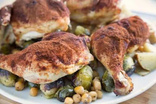Smoky Roasted Chicken With Brussels Sprouts And Chickpeas