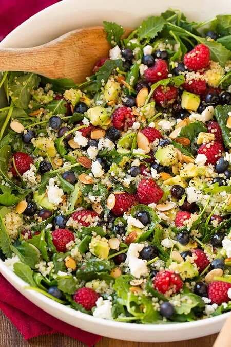 Berry Avocado Quinoa and Kale Salad with Honey Lime Poppy Seed Dressing