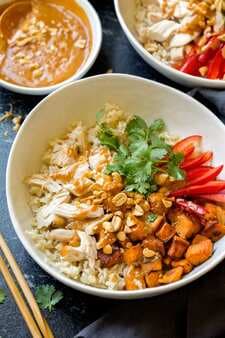 Chicken Veggie and Brown Rice Bowls with Peanut Sauce