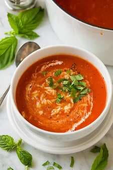 Creamy Roasted Red Pepper Tomato and Orzo Soup