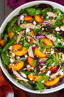 Peach Salad with Grilled Basil Chicken and White Balsamic Honey Vinaigrette