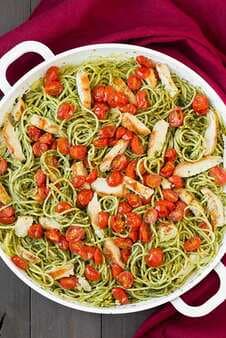 Pesto Spaghetti with Roasted Tomatoes and Grilled Chicken