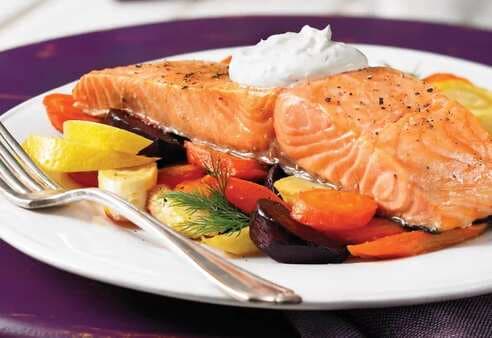 Baked Salmon Roasted Salmon And Root Vegetables With Horseradish Sauce