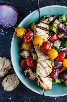 Greek Salad with Grilled Halloumi and Tomatoes