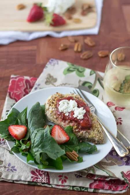 Pecan Crusted Chicken with Strawberries and Goat Cheese