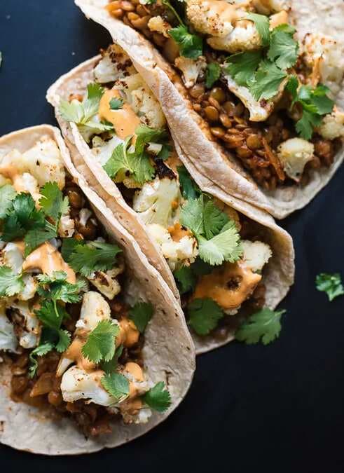 Roasted Cauliflower and Lentil Tacos with Creamy Chipotle Sauce