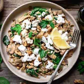 Vegan Mushroom Fettuccine with Spinach and Walnuts